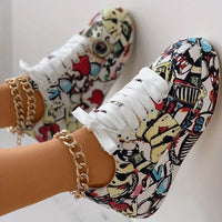 Women's Graffiti Print Sneakers Fashion Lace-up Low-top Platform Sneakers Casual Skateboard Shoes Sneakers New Vulcanized Shoes