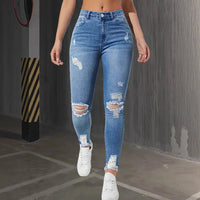 Fashion Skinny Hole Jeans Women 2025 Autumn Stretchy High Waisted Ripped Slim Retro Solid Color Denim Trousers Pants