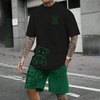 Men's Harajuku Bear Print Summer 2-Piece Set – Loose Short Sleeve T-Shirt & Shorts