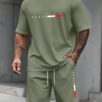 Men's Paris Letter Print 2-Piece Set – Round Neck Short Sleeve T-Shirt & Sport Shorts