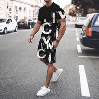 Men's Big Font Print Round Neck T-Shirt & Shorts Set – Breathable Casual Summer Outfit