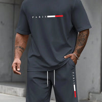 Men's Paris Letter Print 2-Piece Set – Round Neck Short Sleeve T-Shirt & Sport Shorts