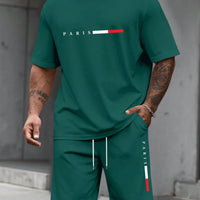 Men's Paris Letter Print 2-Piece Set – Round Neck Short Sleeve T-Shirt & Sport Shorts