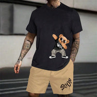 Men's Harajuku Bear Print Summer 2-Piece Set – Loose Short Sleeve T-Shirt & Shorts