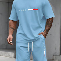 Men's Paris Letter Print 2-Piece Set – Round Neck Short Sleeve T-Shirt & Sport Shorts