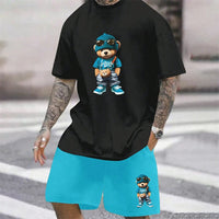 Men's Harajuku Bear Print Summer 2-Piece Set – Loose Short Sleeve T-Shirt & Shorts