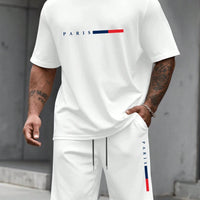 Men's Paris Letter Print 2-Piece Set – Round Neck Short Sleeve T-Shirt & Sport Shorts
