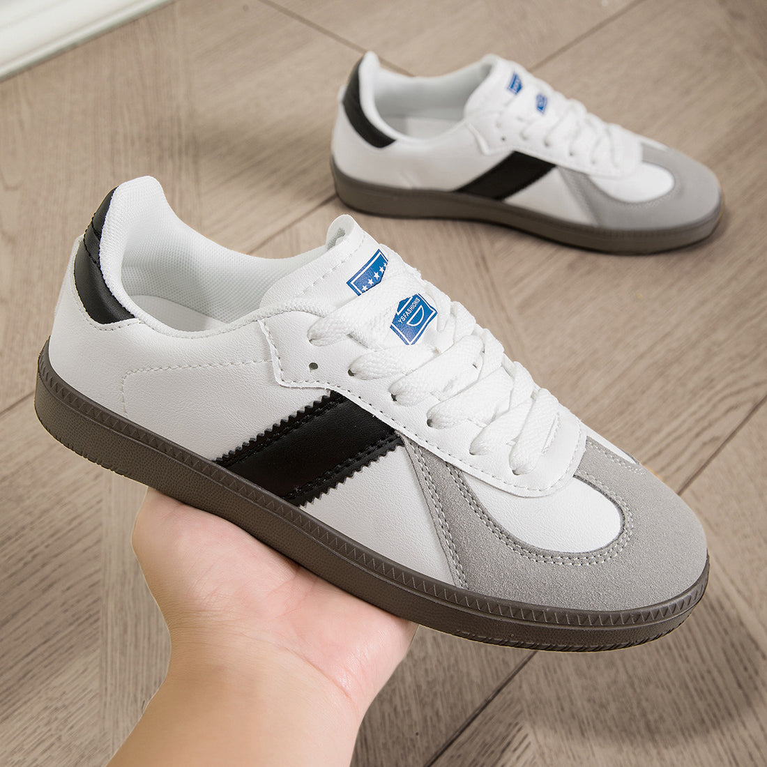 Womens Style White Lace Up Casual Sneakers With A Leopard Print Flat Sole