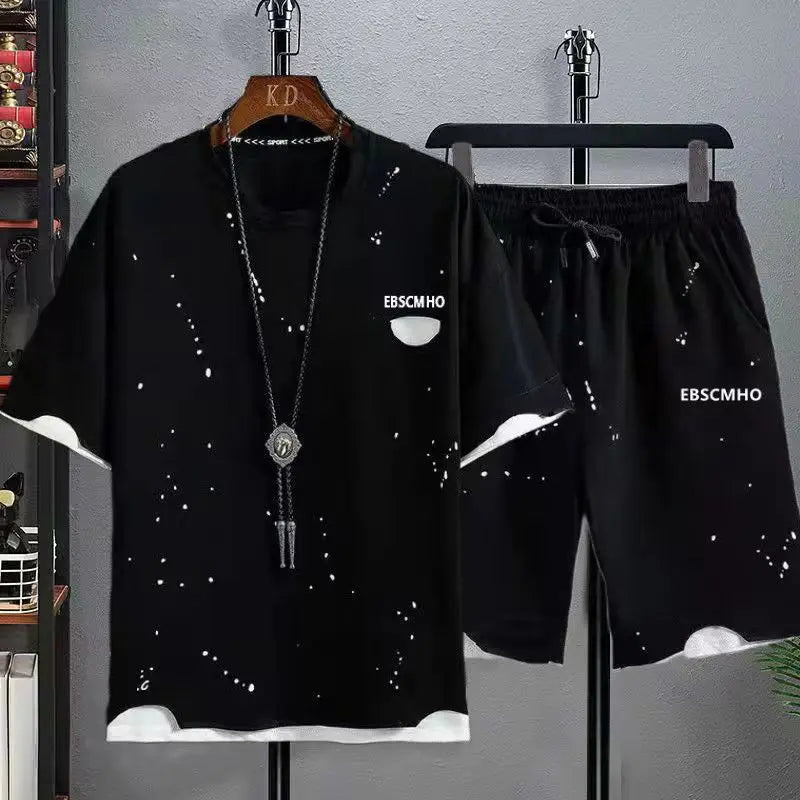 Men's Plus Size 7XL Summer Patchwork Tracksuit – Streetwear T-Shirt & Jogger Shorts 2-Piece
