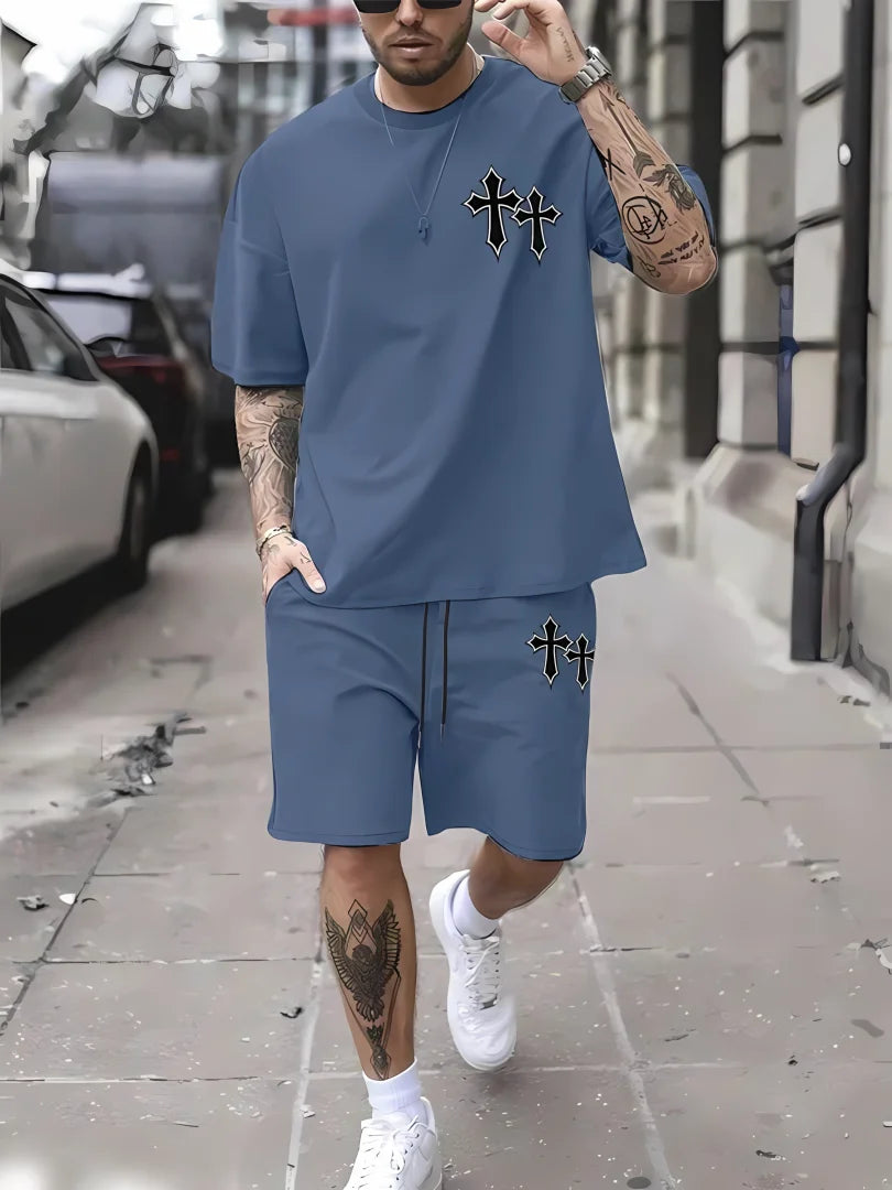 New men's summer two-piece set men's T-shirt top shorts set men's round neck T-shirt loose casual
