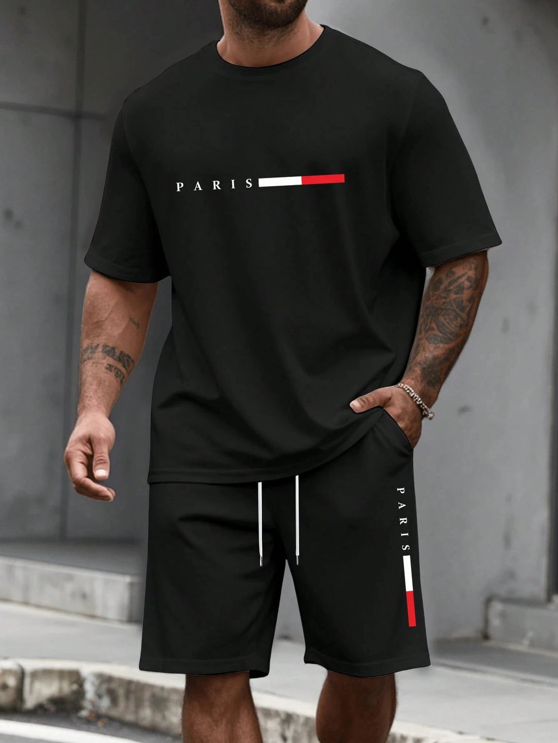 Men's Paris Letter Print 2-Piece Set – Round Neck Short Sleeve T-Shirt & Sport Shorts