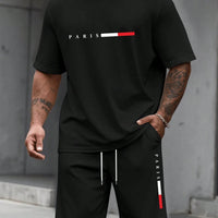 Men's Paris Letter Print 2-Piece Set – Round Neck Short Sleeve T-Shirt & Sport Shorts