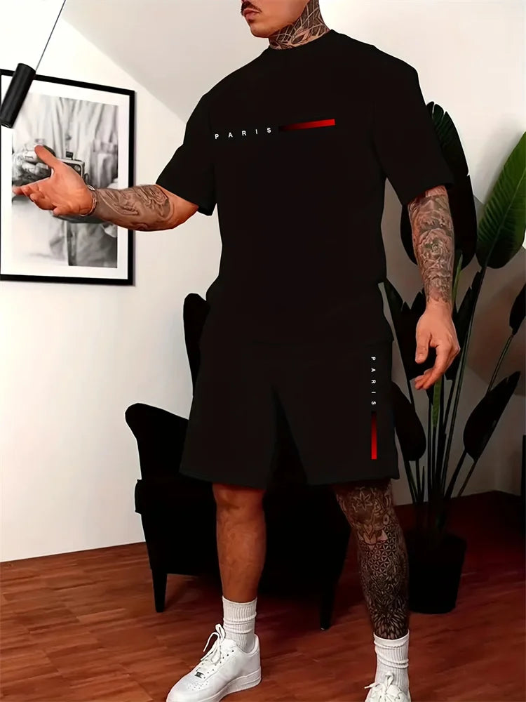 Men's 2025 Summer Letter Print Round Neck Short Sleeve Sports Set – Casual Outdoor Suit