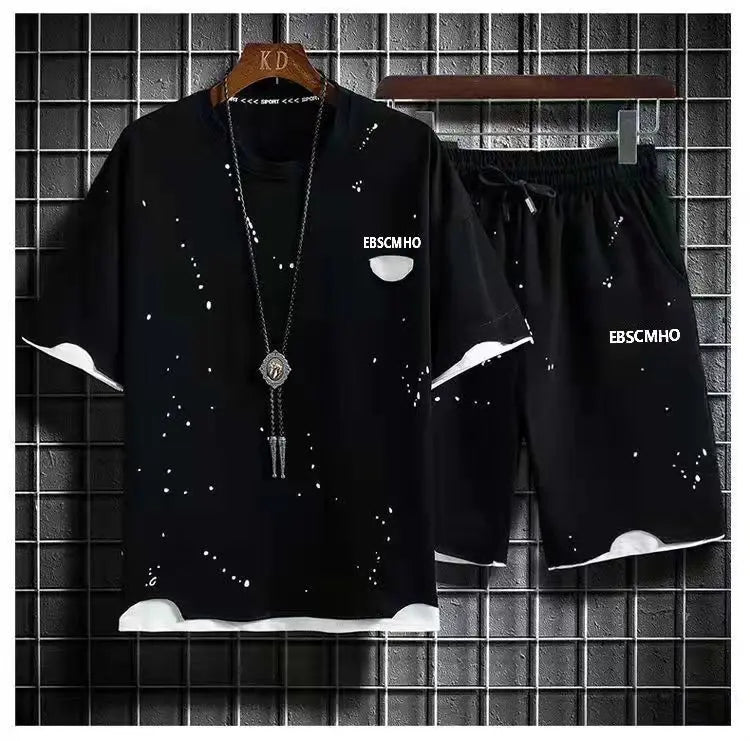 Men's Plus Size 7XL Summer Patchwork Tracksuit – Streetwear T-Shirt & Jogger Shorts 2-Piece