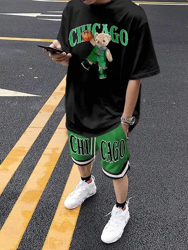 Men's Cartoon Bear 3D Print Short Sleeve Set – Streetwear T-Shirt & Drawstring Shorts