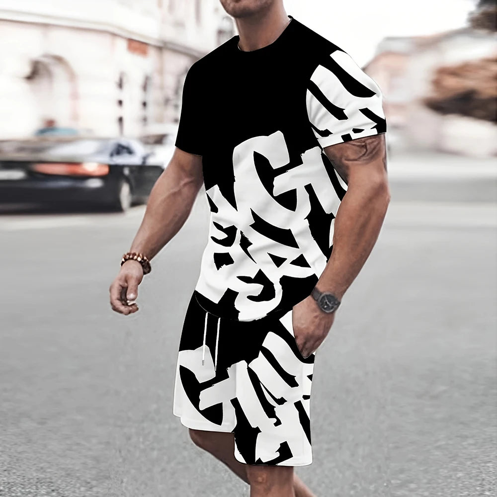 Men's Big Font Print Round Neck T-Shirt & Shorts Set – Breathable Casual Summer Outfit