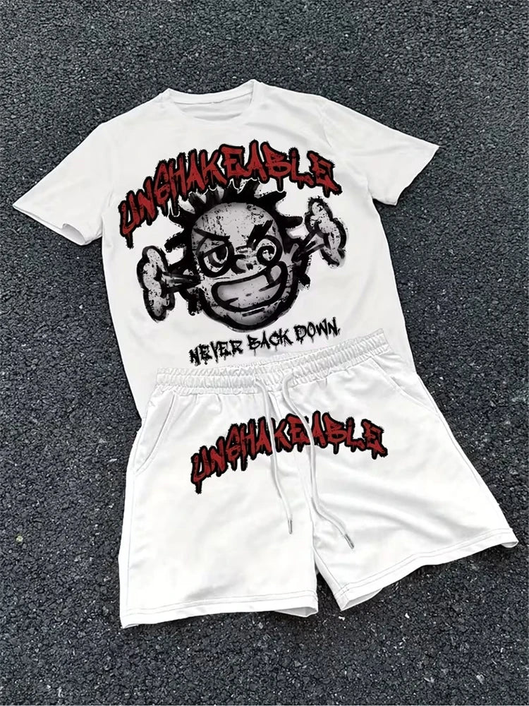 Men's 3D Skull Print Hip-Hop 2-Piece Set – Round Neck Top & Shorts | American Street Style