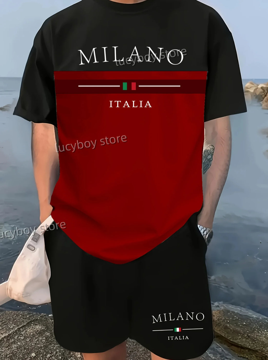 Milano Italia Men's Luxury Tracksuit – Printed Sport T-Shirt & Shorts 2-Piece Set