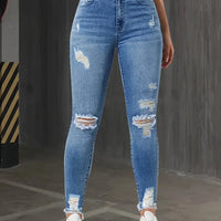 Fashion Skinny Hole Jeans Women 2025 Autumn Stretchy High Waisted Ripped Slim Retro Solid Color Denim Trousers Pants