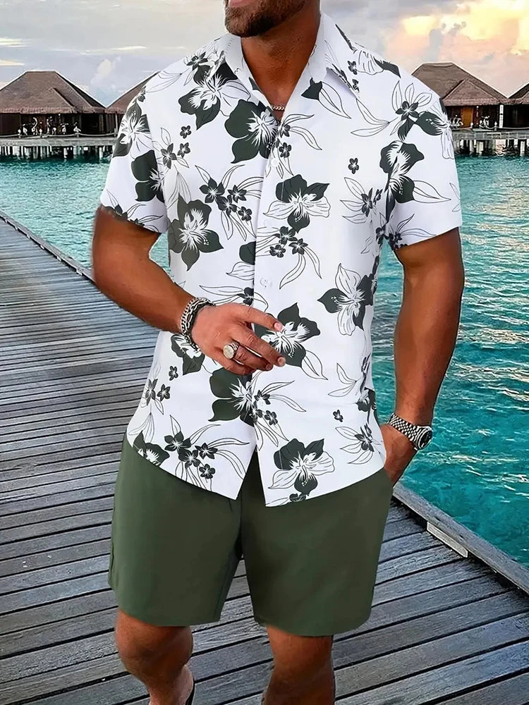 Men's Hawaii Baroque Print 2-Piece Set – Short Sleeve Lapel Shirt & Shorts Summer Vacation Suit
