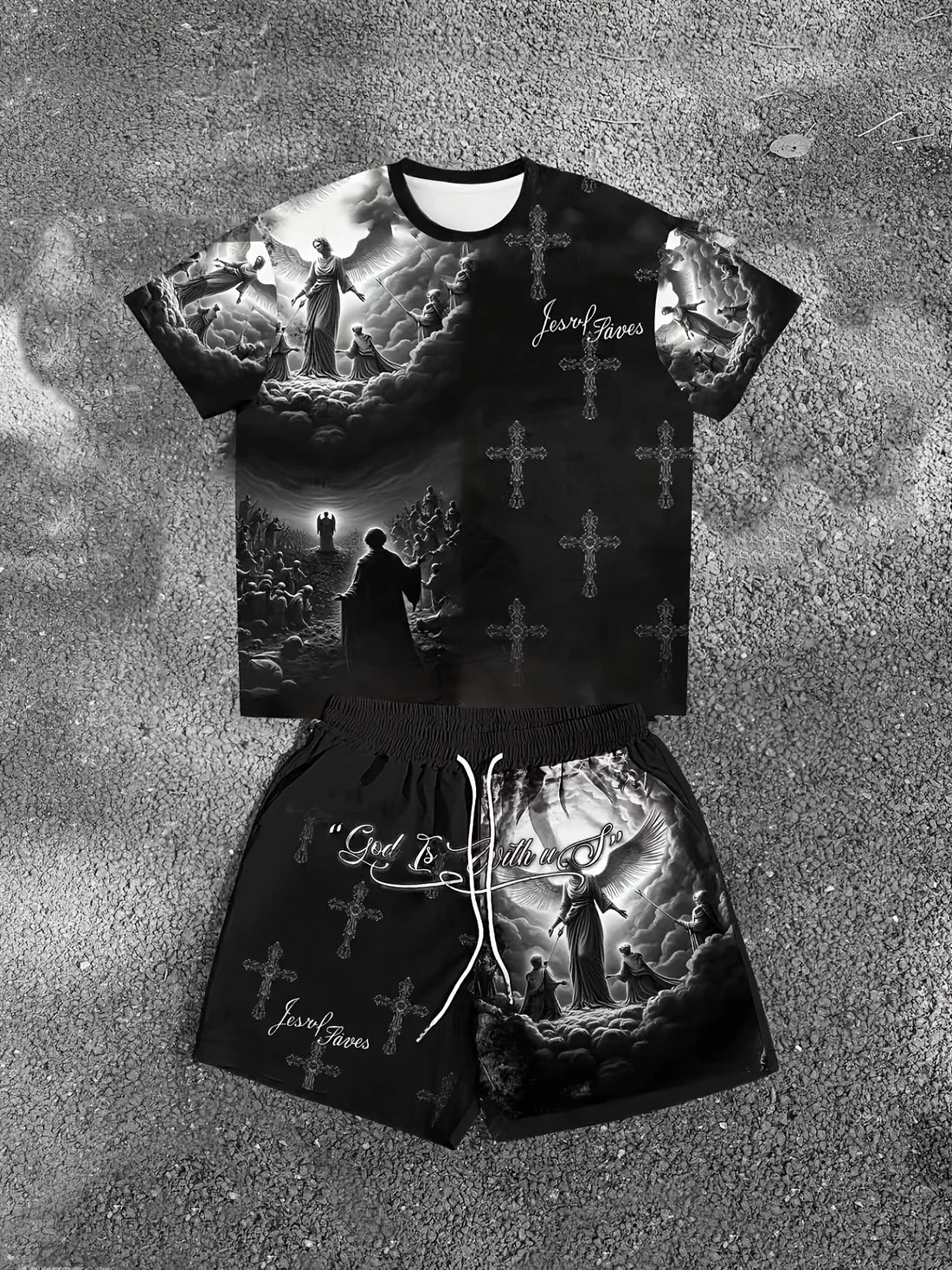 Men's Angel Christ Print Round Neck T-Shirt & Shorts Set – Breathable Casual Summer Outfit