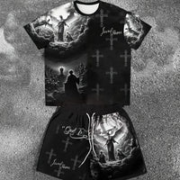 Men's Angel Christ Print Round Neck T-Shirt & Shorts Set – Breathable Casual Summer Outfit