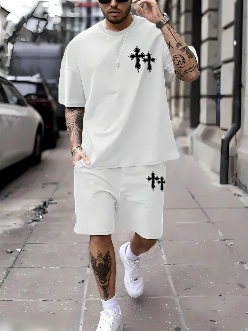 New men's summer two-piece set men's T-shirt top shorts set men's round neck T-shirt loose casual