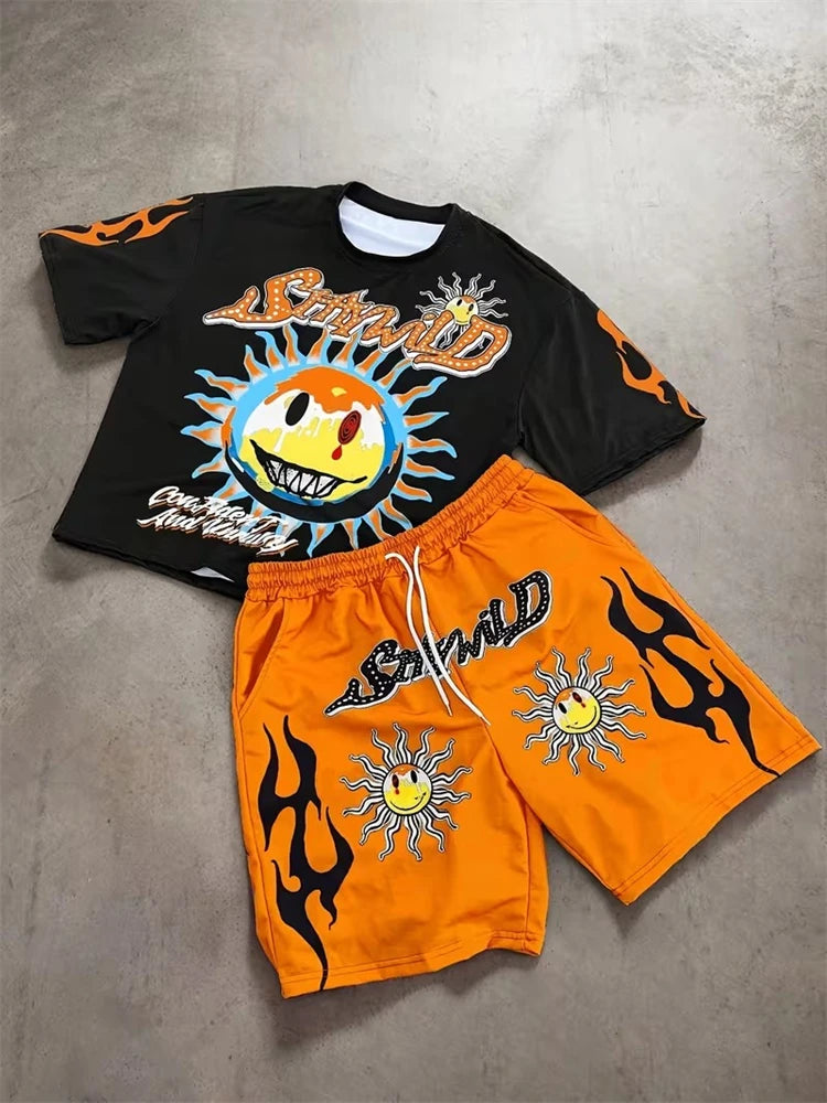 Men's 3D Skull Print Hip-Hop 2-Piece Set – Round Neck Top & Shorts | American Street Style