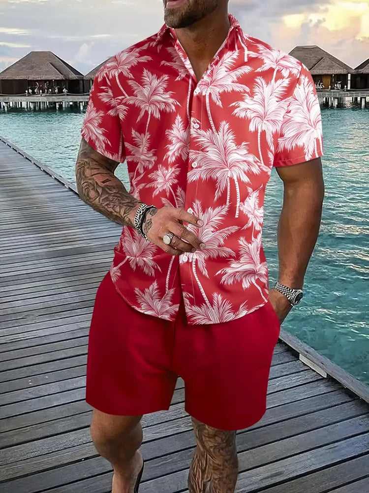 Men's Hawaii Baroque Print 2-Piece Set – Short Sleeve Lapel Shirt & Shorts Summer Vacation Suit