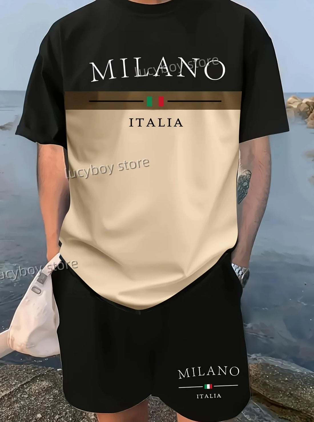 Milano Italia Men's Luxury Tracksuit – Printed Sport T-Shirt & Shorts 2-Piece Set