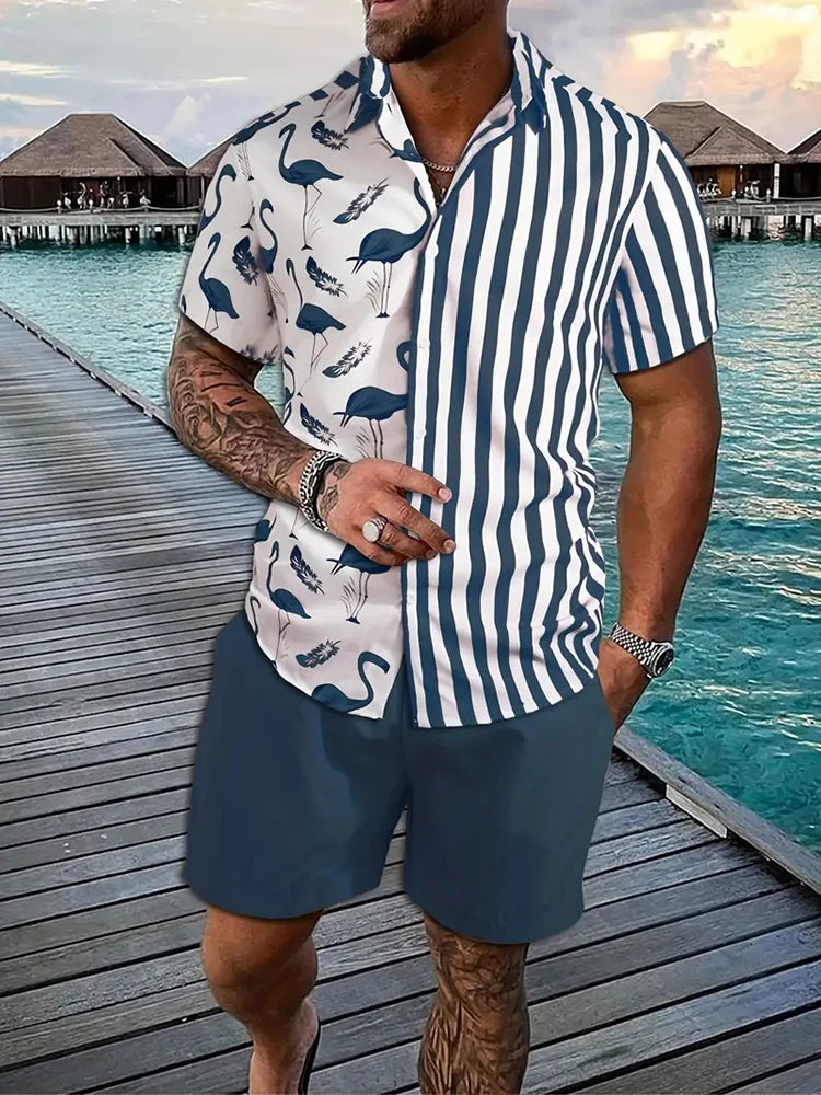 Men's Hawaii Baroque Print 2-Piece Set – Short Sleeve Lapel Shirt & Shorts Summer Vacation Suit