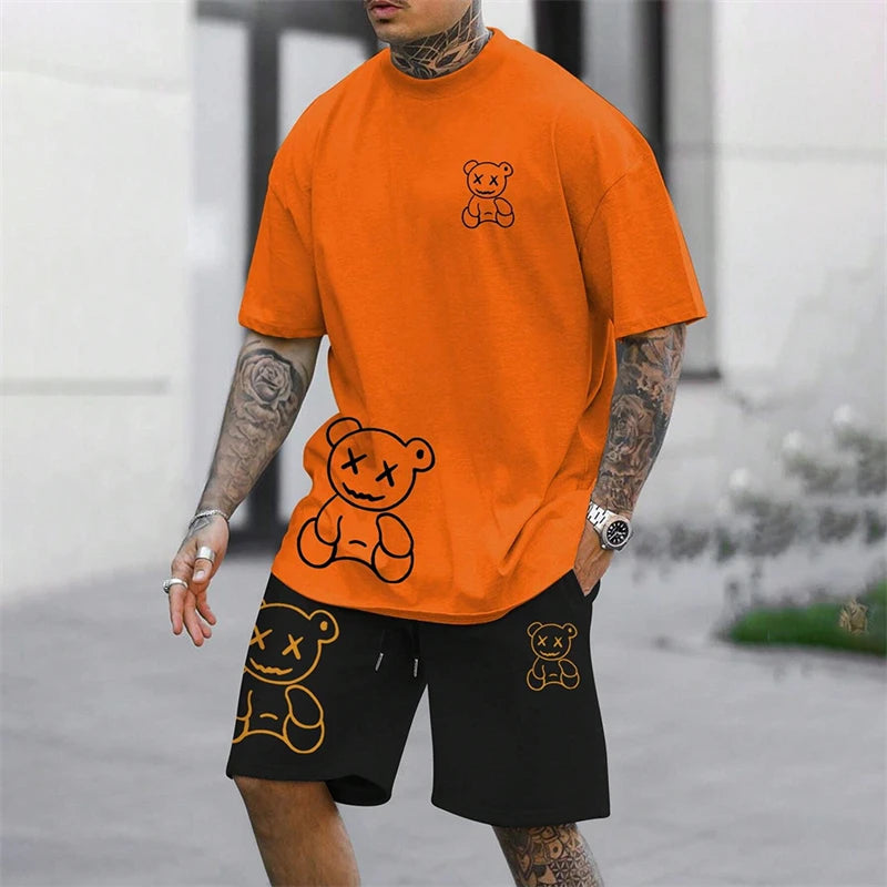 Men's Harajuku Bear Print Summer 2-Piece Set – Loose Short Sleeve T-Shirt & Shorts