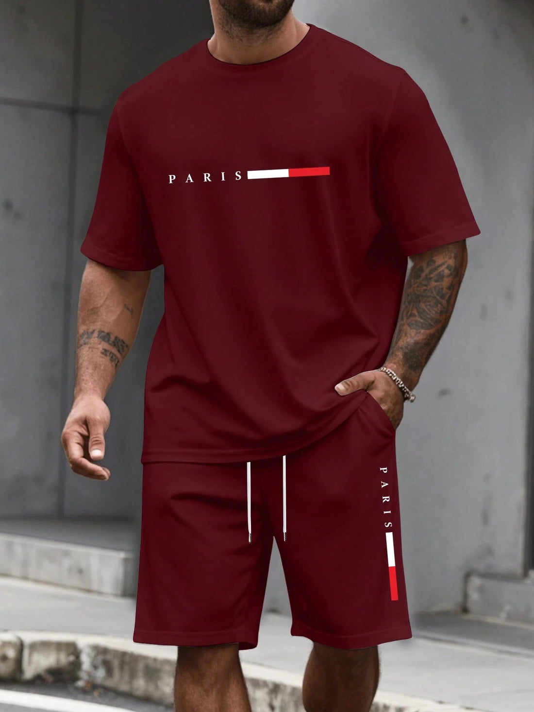 Men's Paris Letter Print 2-Piece Set – Round Neck Short Sleeve T-Shirt & Sport Shorts