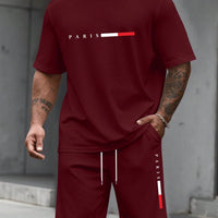 Men's Paris Letter Print 2-Piece Set – Round Neck Short Sleeve T-Shirt & Sport Shorts