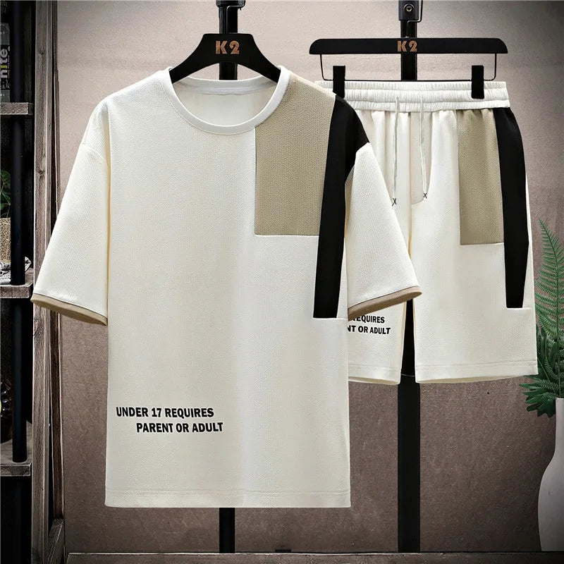 Men's Summer Casual Splicing Round Neck Sports Set – Plus Size Half Sleeve