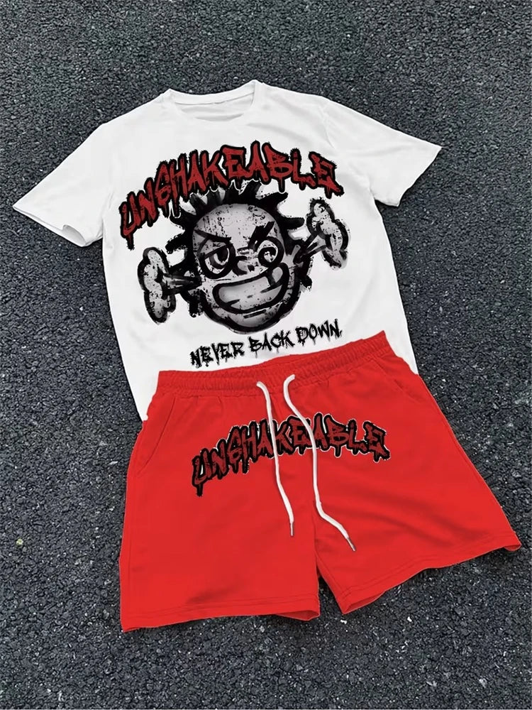 Men's 3D Skull Print Hip-Hop 2-Piece Set – Round Neck Top & Shorts | American Street Style