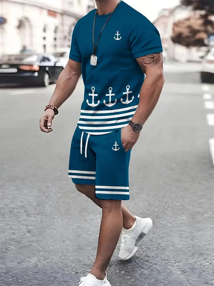 Men's Sailor Anchor Print Short Sleeve Set – T-Shirt & Drawstring Shorts