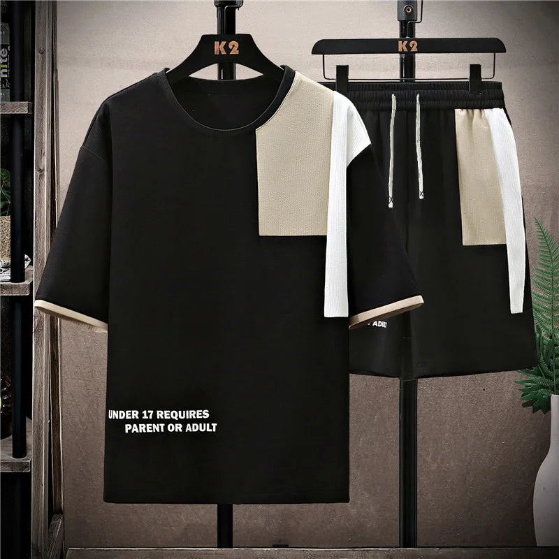 Men's Summer Casual Splicing Round Neck Sports Set – Plus Size Half Sleeve
