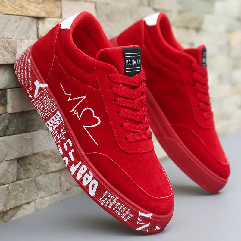 Men's Canvas Sneakers – Breathable Lace-Up Vulcanized Shoes | Red & Black