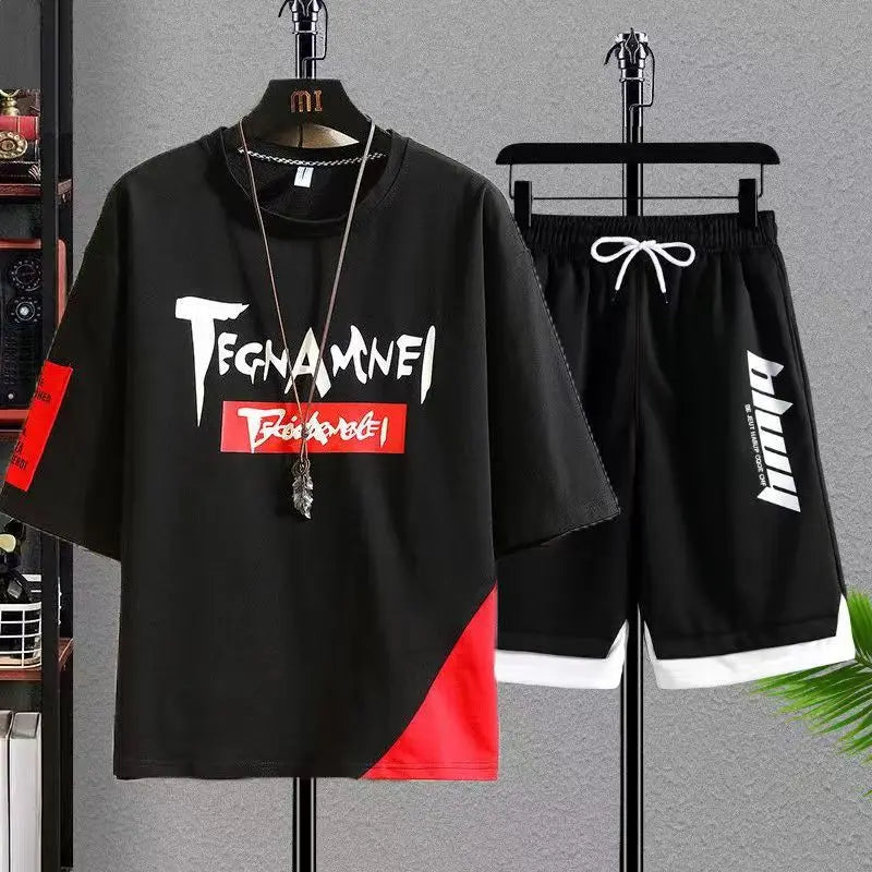 Men's Plus Size 7XL Summer Patchwork Tracksuit – Streetwear T-Shirt & Jogger Shorts 2-Piece