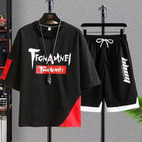 Men's Plus Size 7XL Summer Patchwork Tracksuit – Streetwear T-Shirt & Jogger Shorts 2-Piece