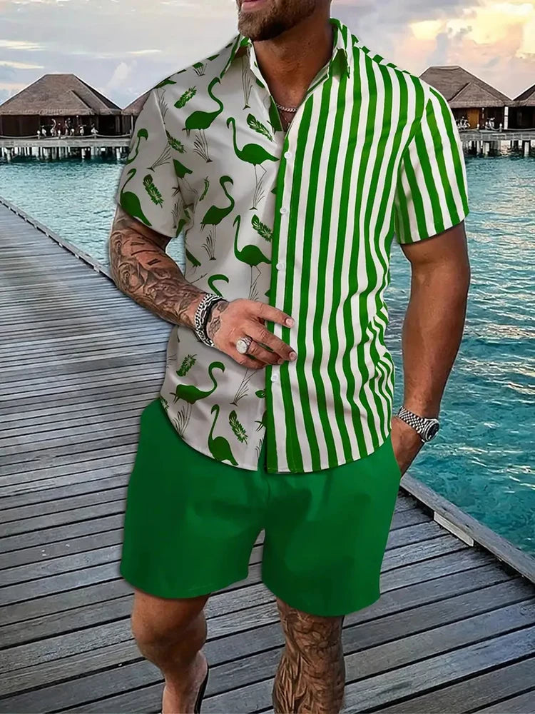 Men's Hawaii Baroque Print 2-Piece Set – Short Sleeve Lapel Shirt & Shorts Summer Vacation Suit
