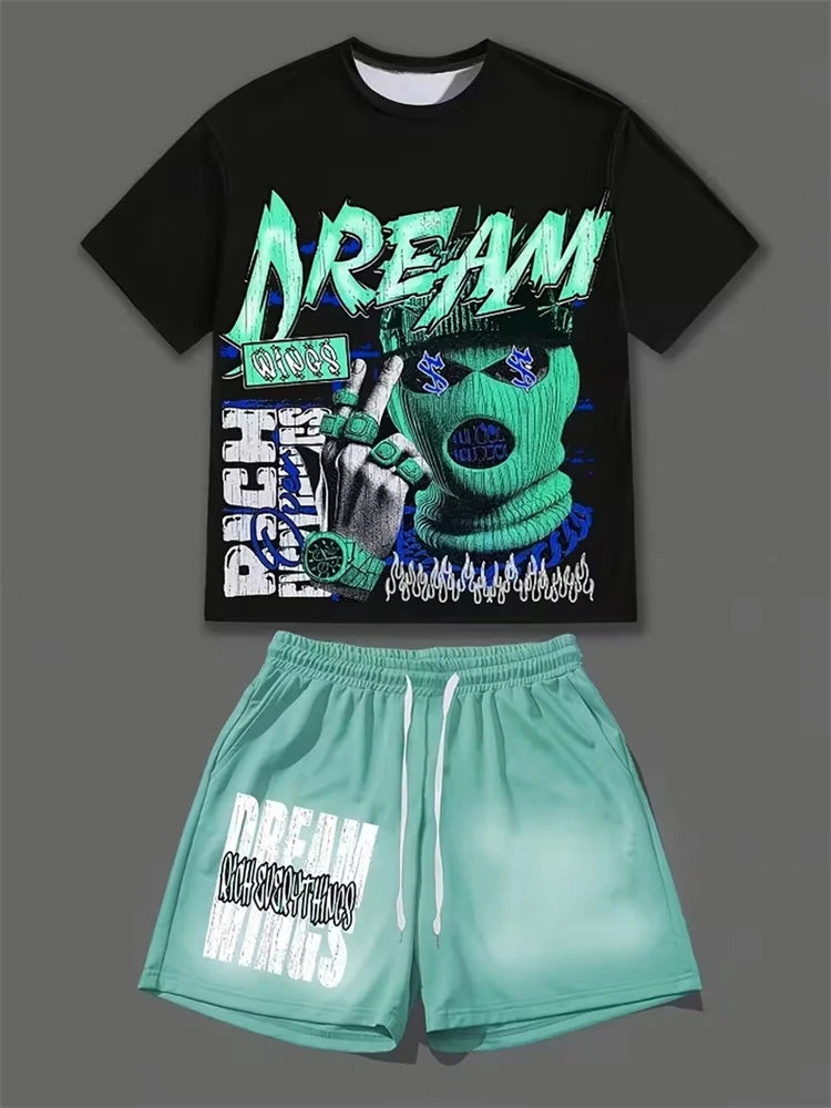 Men's 3D Skull Print Hip-Hop 2-Piece Set – Round Neck Top & Shorts | American Street Style