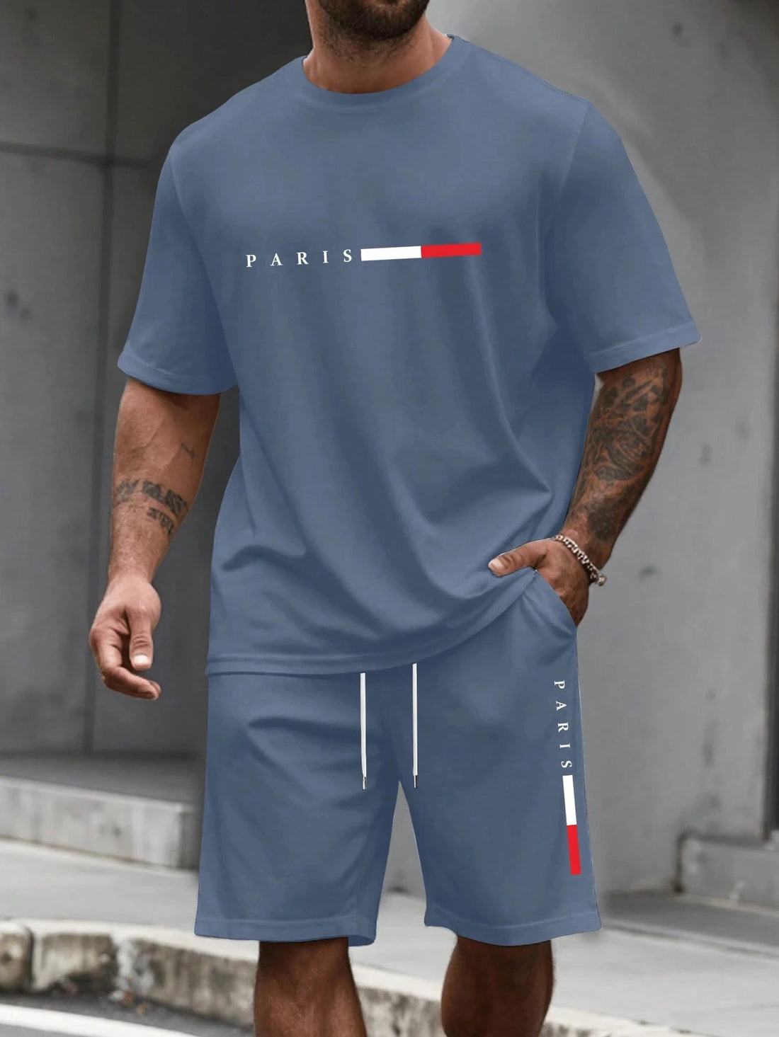 Men's Paris Letter Print 2-Piece Set – Round Neck Short Sleeve T-Shirt & Sport Shorts