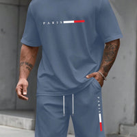 Men's Paris Letter Print 2-Piece Set – Round Neck Short Sleeve T-Shirt & Sport Shorts