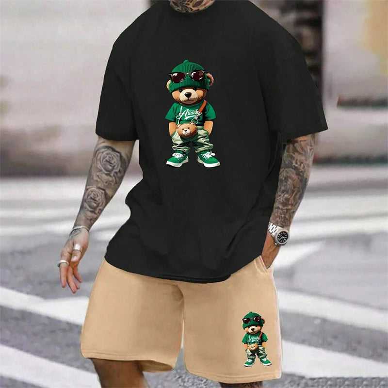 Men's Harajuku Bear Print Summer 2-Piece Set – Loose Short Sleeve T-Shirt & Shorts