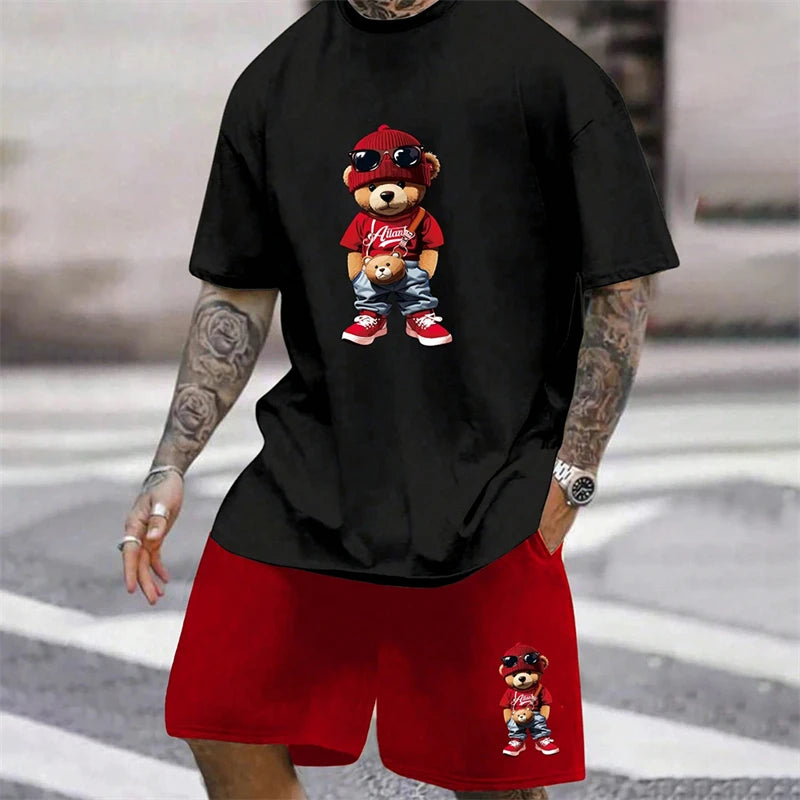 Men's Harajuku Bear Print Summer 2-Piece Set – Loose Short Sleeve T-Shirt & Shorts