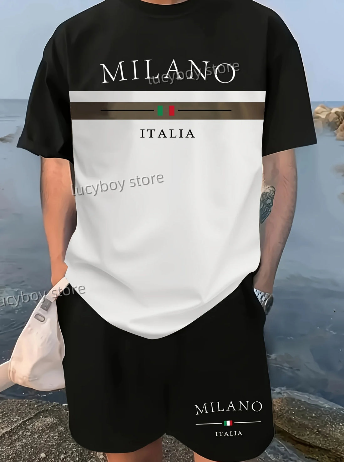 Milano Italia Men's Luxury Tracksuit – Printed Sport T-Shirt & Shorts 2-Piece Set