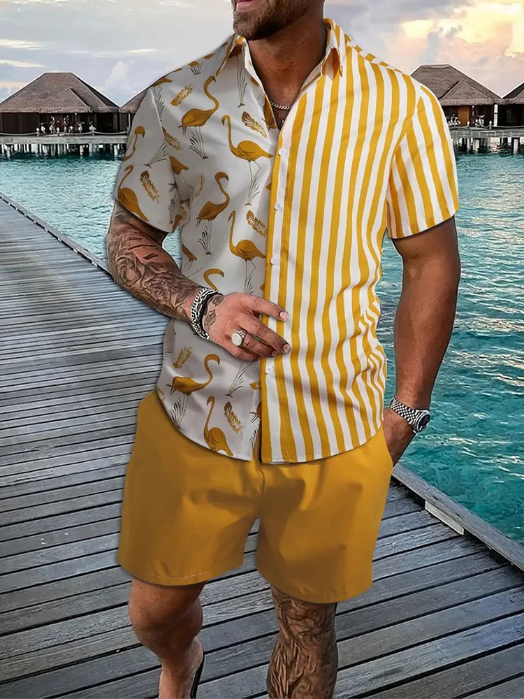 Men's Hawaii Baroque Print 2-Piece Set – Short Sleeve Lapel Shirt & Shorts Summer Vacation Suit