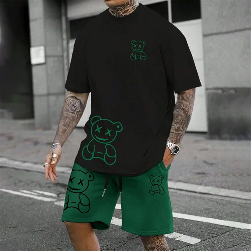 Men's Harajuku Bear Print Summer 2-Piece Set – Loose Short Sleeve T-Shirt & Shorts